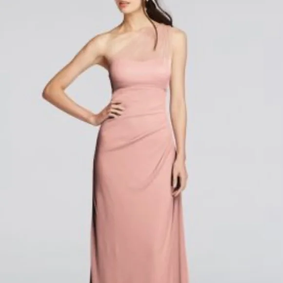 Long Mesh One Shoulder Illusion Bridesmaid Dress in Ballet Long Mesh One Shoulder Illusion Bridesmaid Dress in Ballet